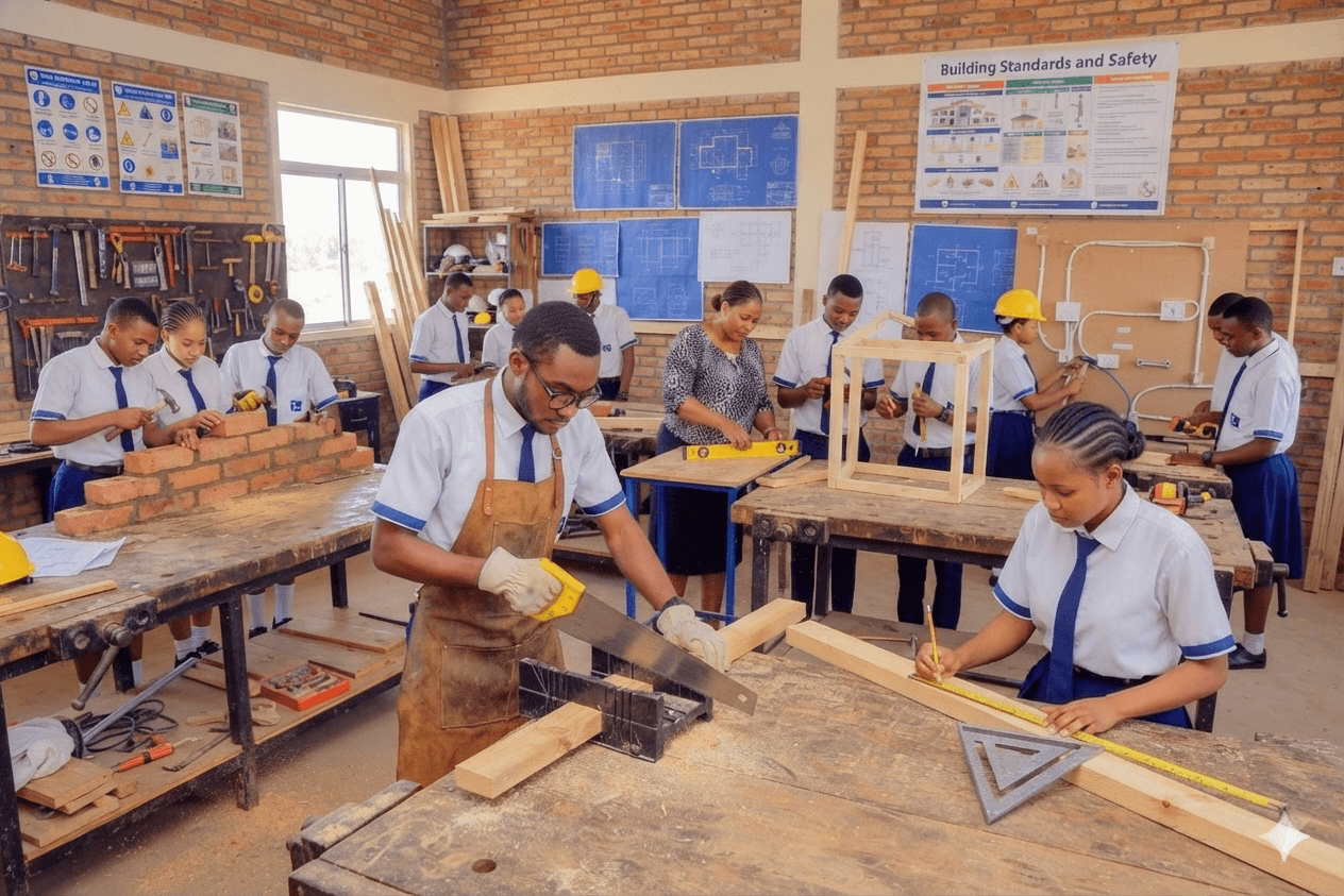Students in a building and construction workshop