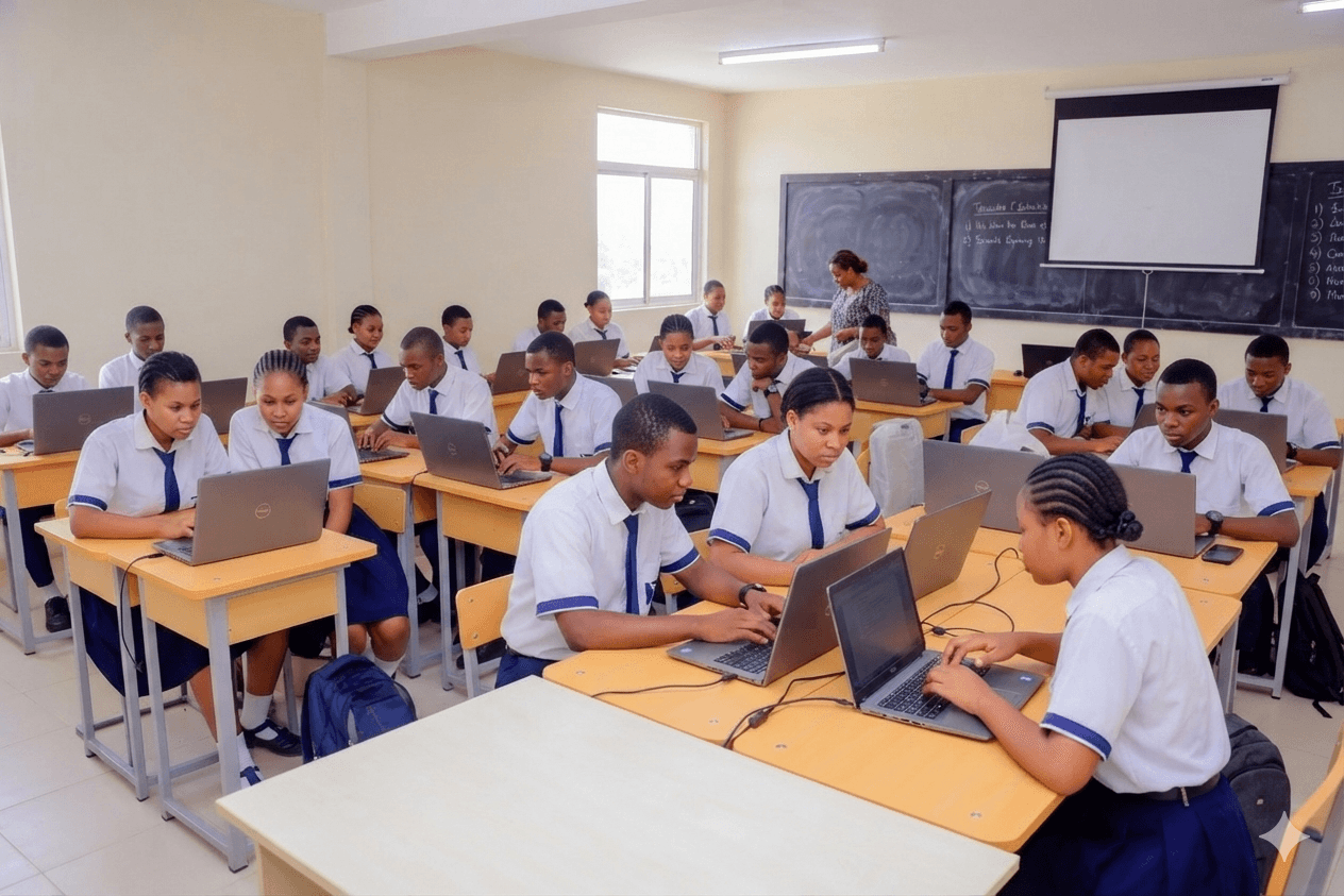 Uwera students learning together in a computer classroom